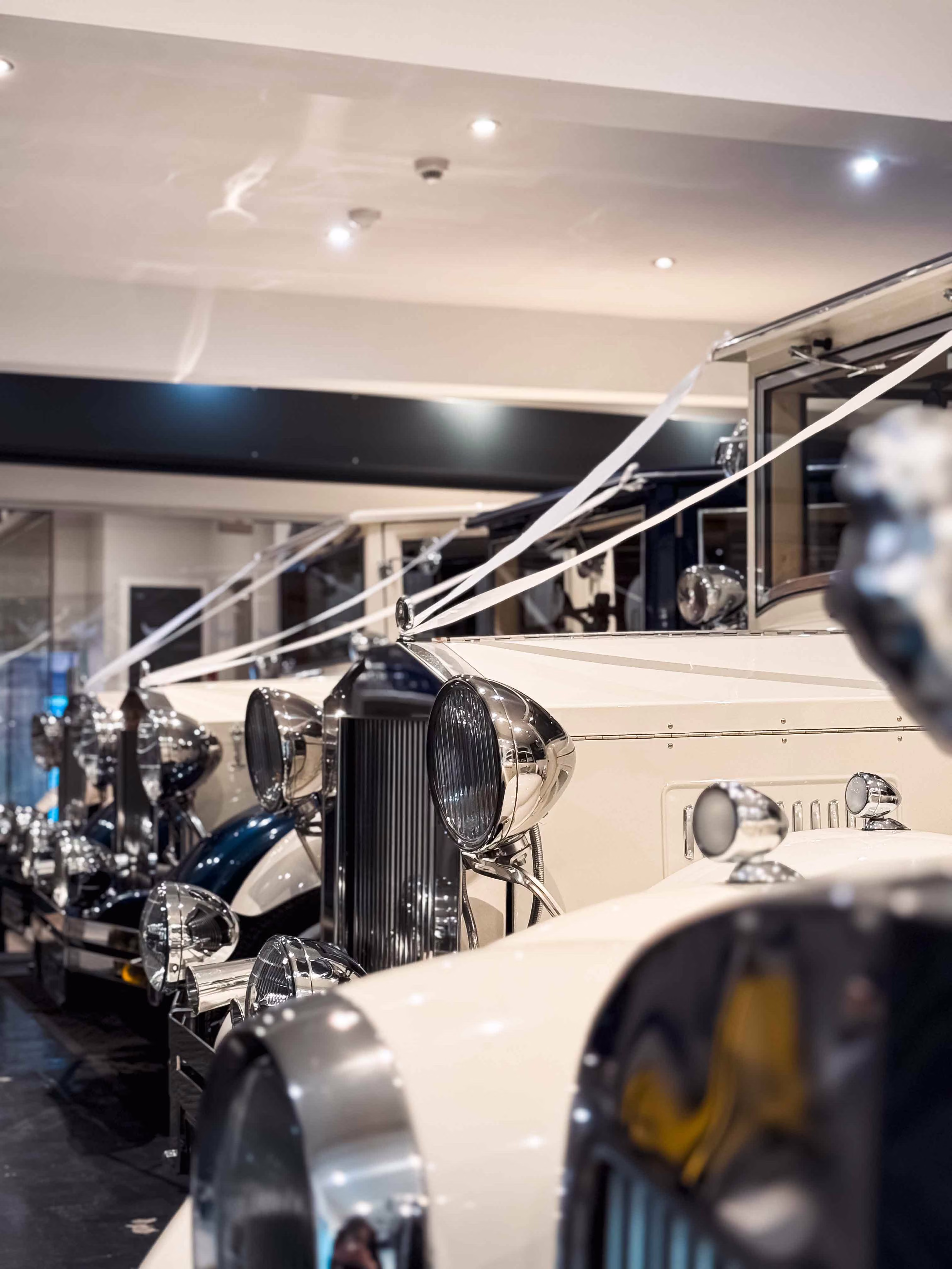 Vintage wedding car detail in the Keyhole Motors showroom